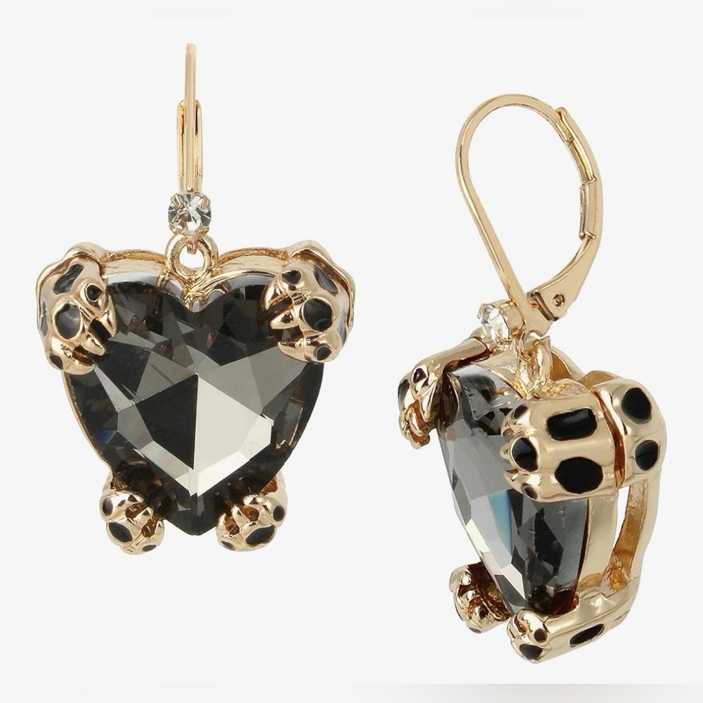 Betsey Johnson Black Heart Skull Drop Earrings